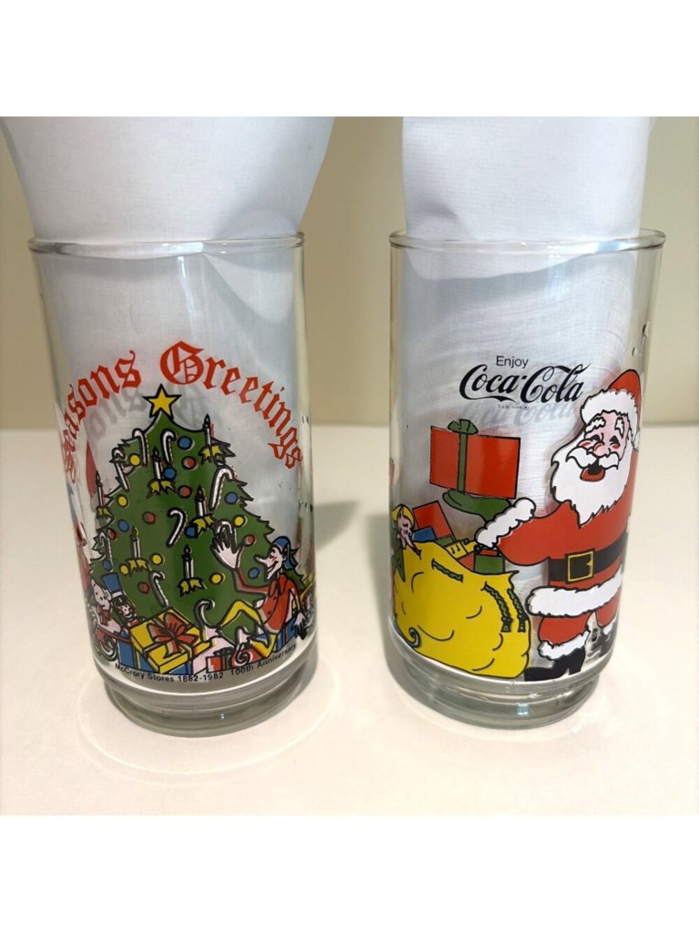 Vintage 1982 Coca Cola Christmas Tumblers McCrory Stores Anniversary Santa Tree